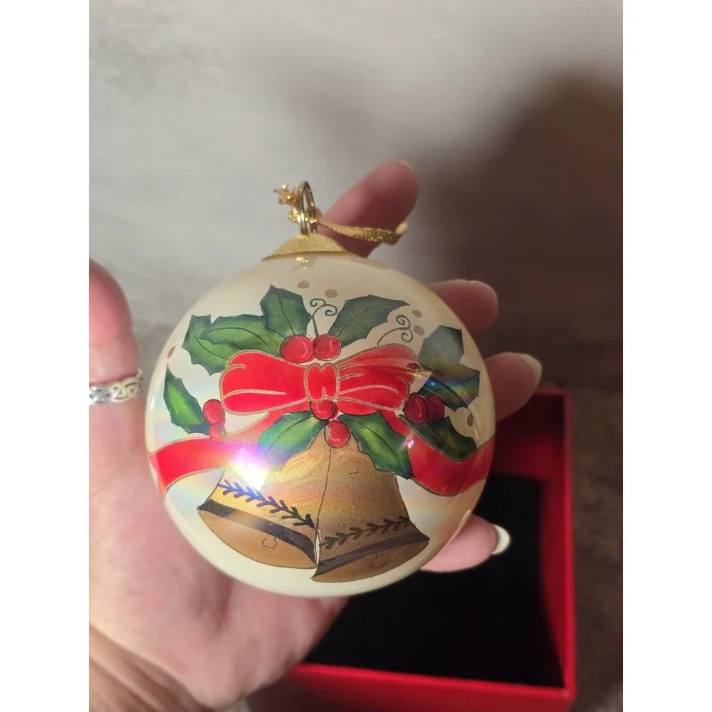 JCPenney Collector Reverse Handpainted Christmas Ornament Bells Glass Ball Box